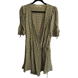 Reformation Floral Mini Wrap Dress Green White Side Tie Short Sleeve Sz XL